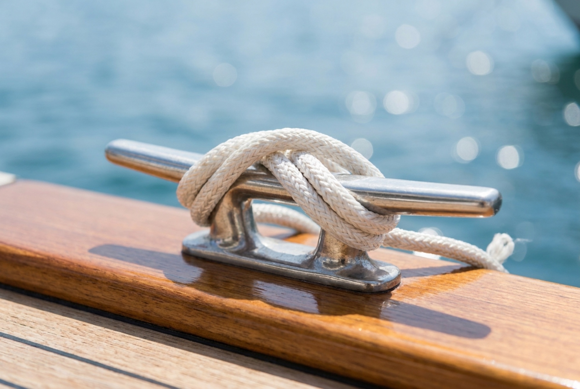 Detail of a stainless cleat and coiled mooring line on teak decking