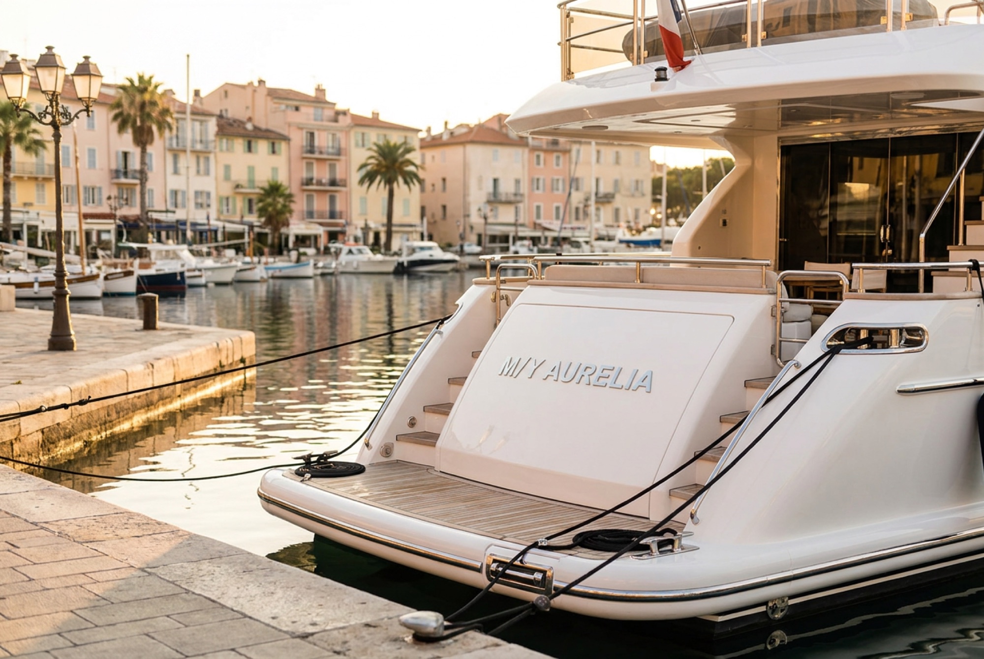 A motor yacht berthed in a Mediterranean marina