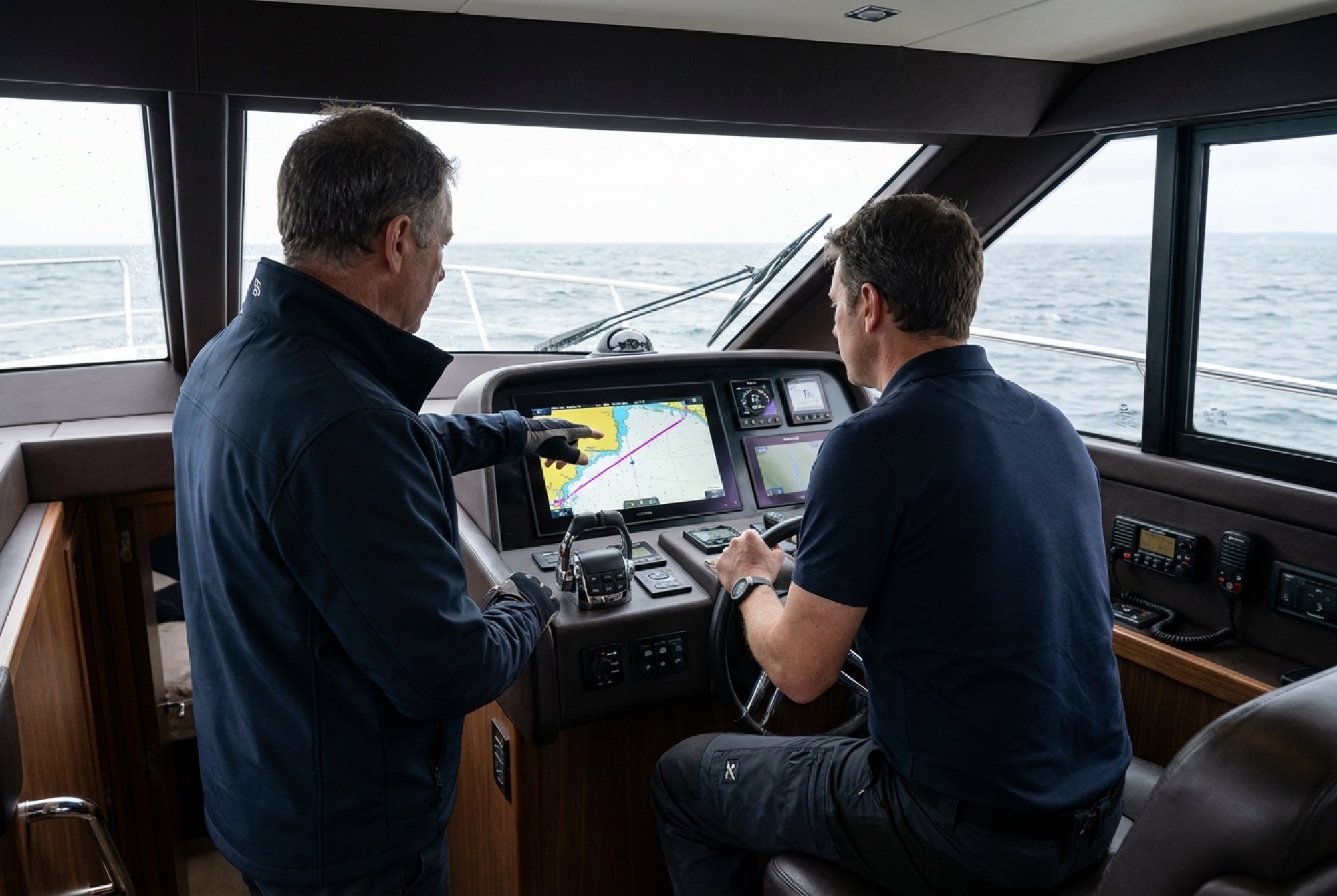 A skipper instructing a yacht owner at the helm during a passage